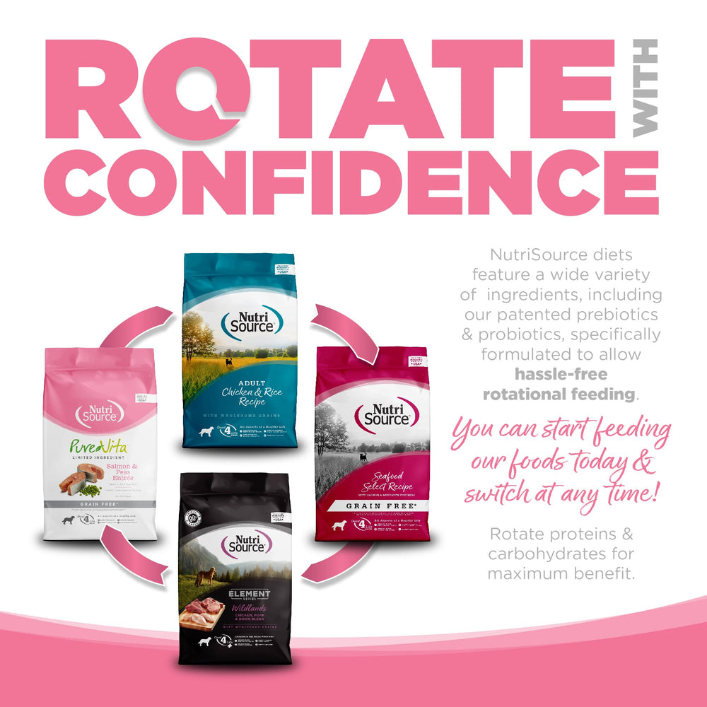 NutriSource Pure Vita nutritional blend with omega fatty acids and essential nutrients supporting vitality.