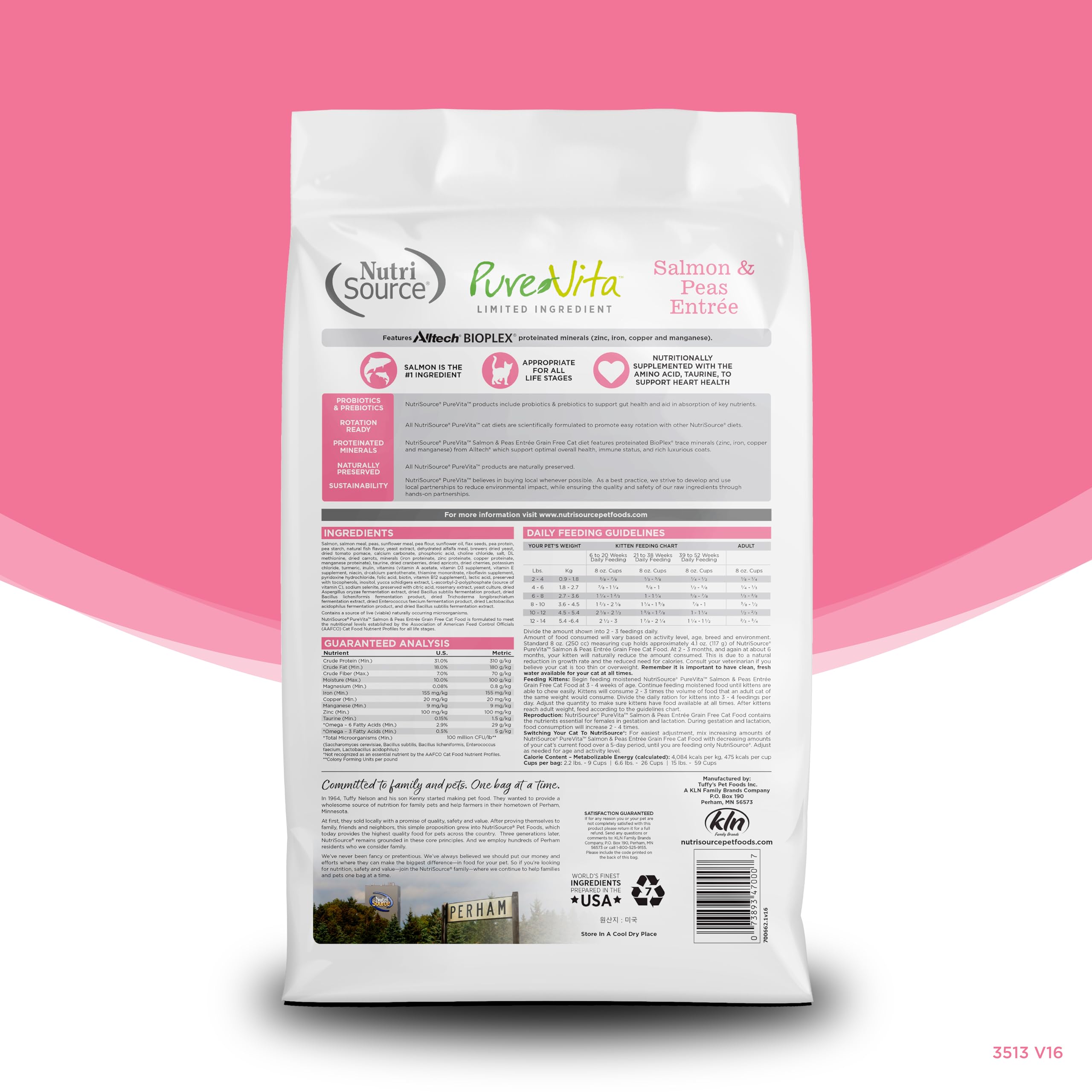 NutriSource Pure Vita kibble close-up with salmon bits and peas—appealing texture for fussy eaters.