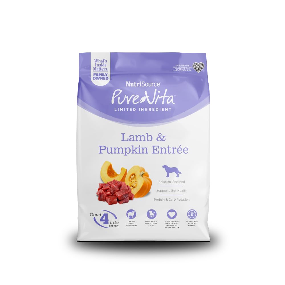 NutriSource Pure Vita Lamb & Pumpkin bag front, grain-free formula for lean muscles.