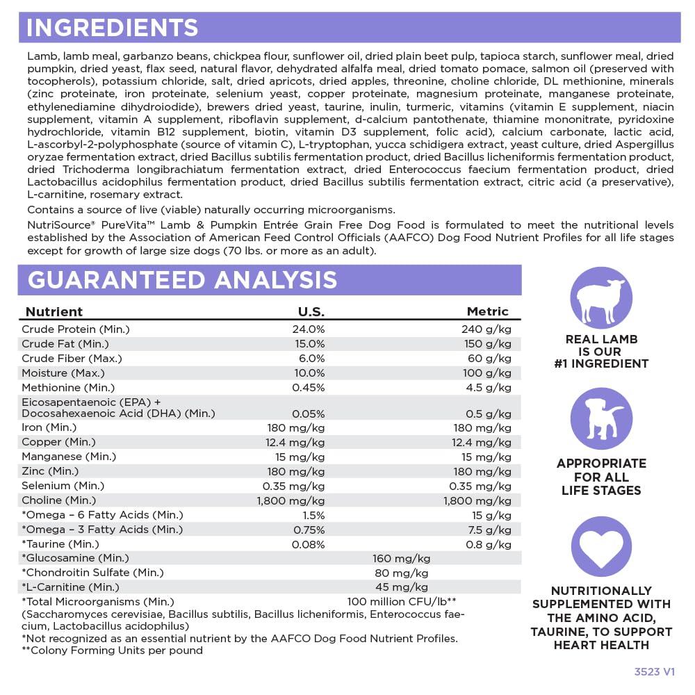 Omega 3 and 6 rich nutrition in NutriSource Pure Vita Lamb & Pumpkin.
