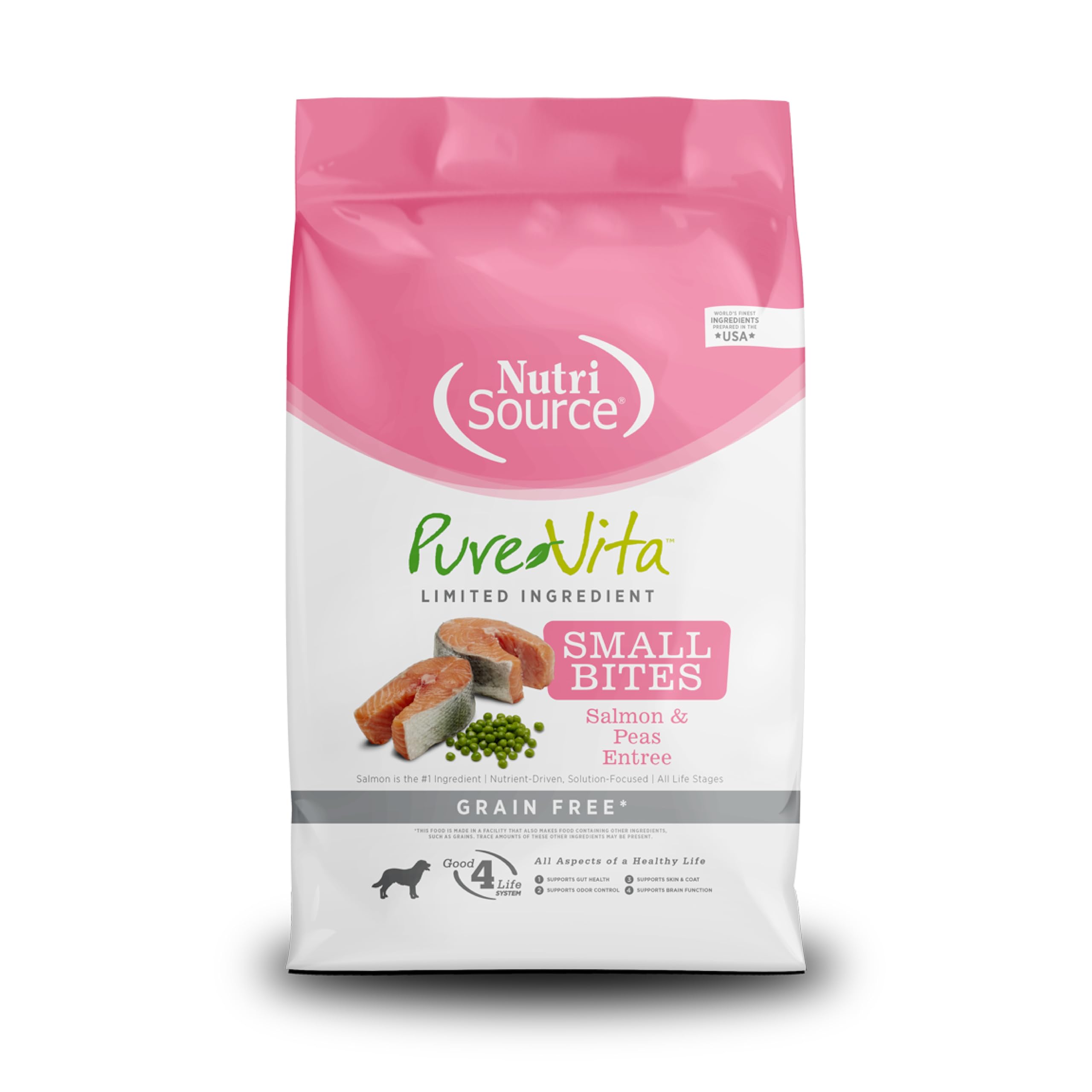 NutriSource Pure Vita salmon and peas small bites 12lb bag front – grain-free nutrition for all life stages