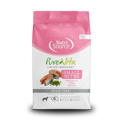 NutriSource Pure Vita salmon and peas small bites 12lb bag front – grain-free nutrition for all life stages