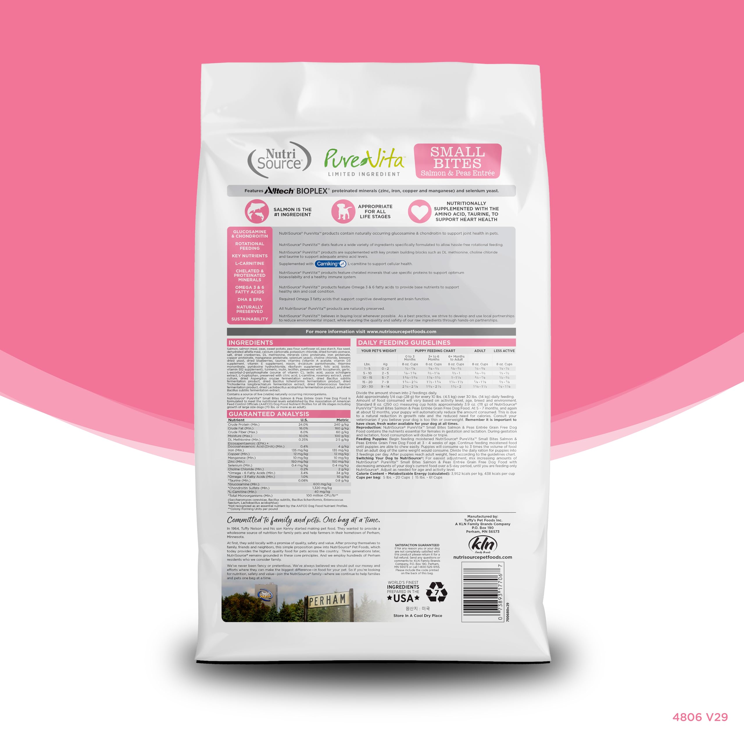 NutriSource Pure Vita salmon-peas kibble closeup – limited ingredient formula supports sensitive tummies