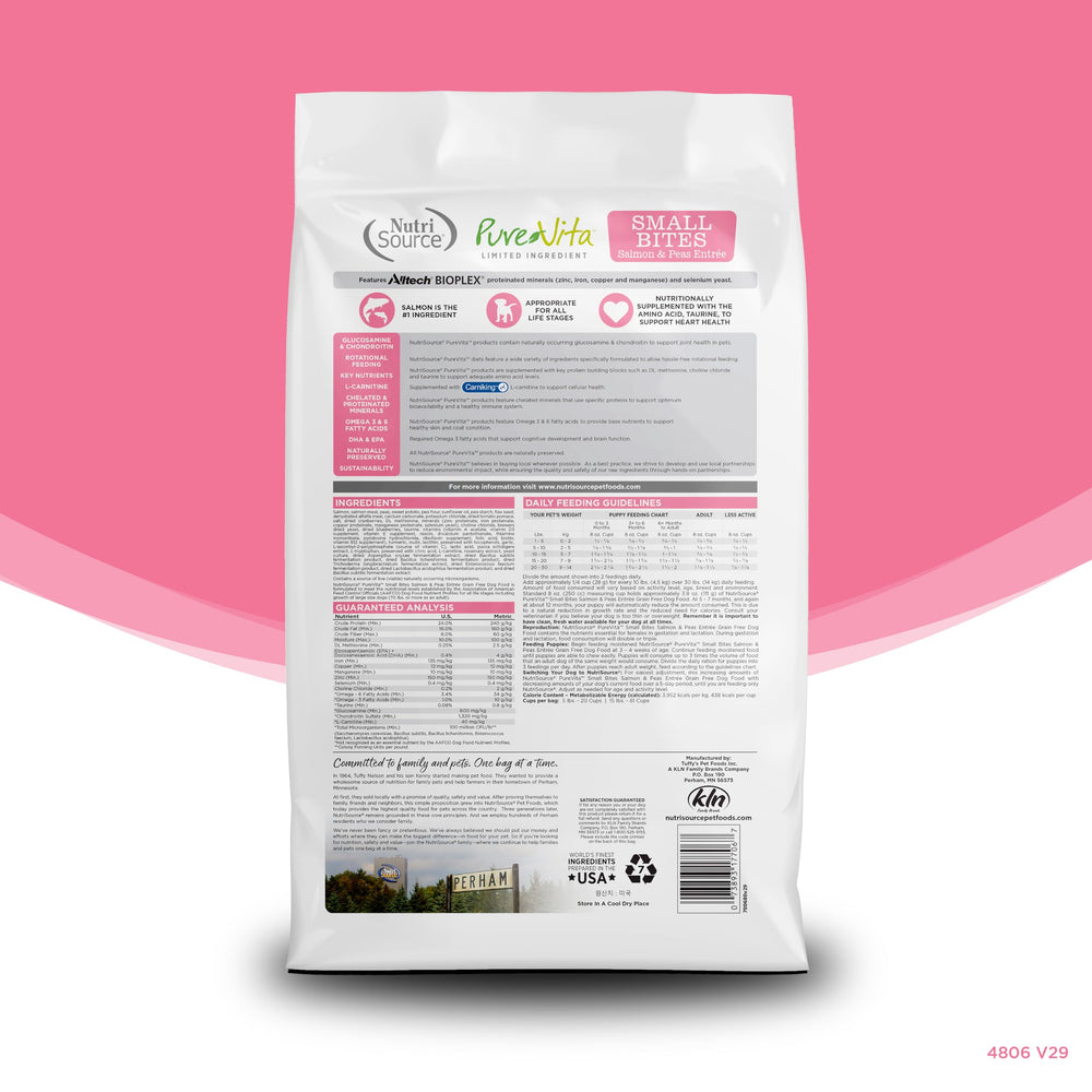 NutriSource Pure Vita salmon-peas kibble closeup – limited ingredient formula supports sensitive tummies
