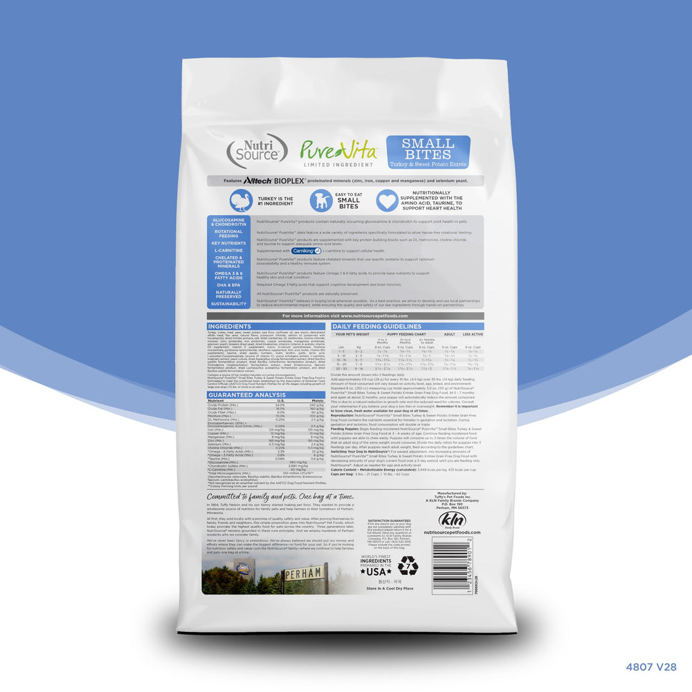 NutriSource Pure Vita small bites kibble in a serving-ready bowl.