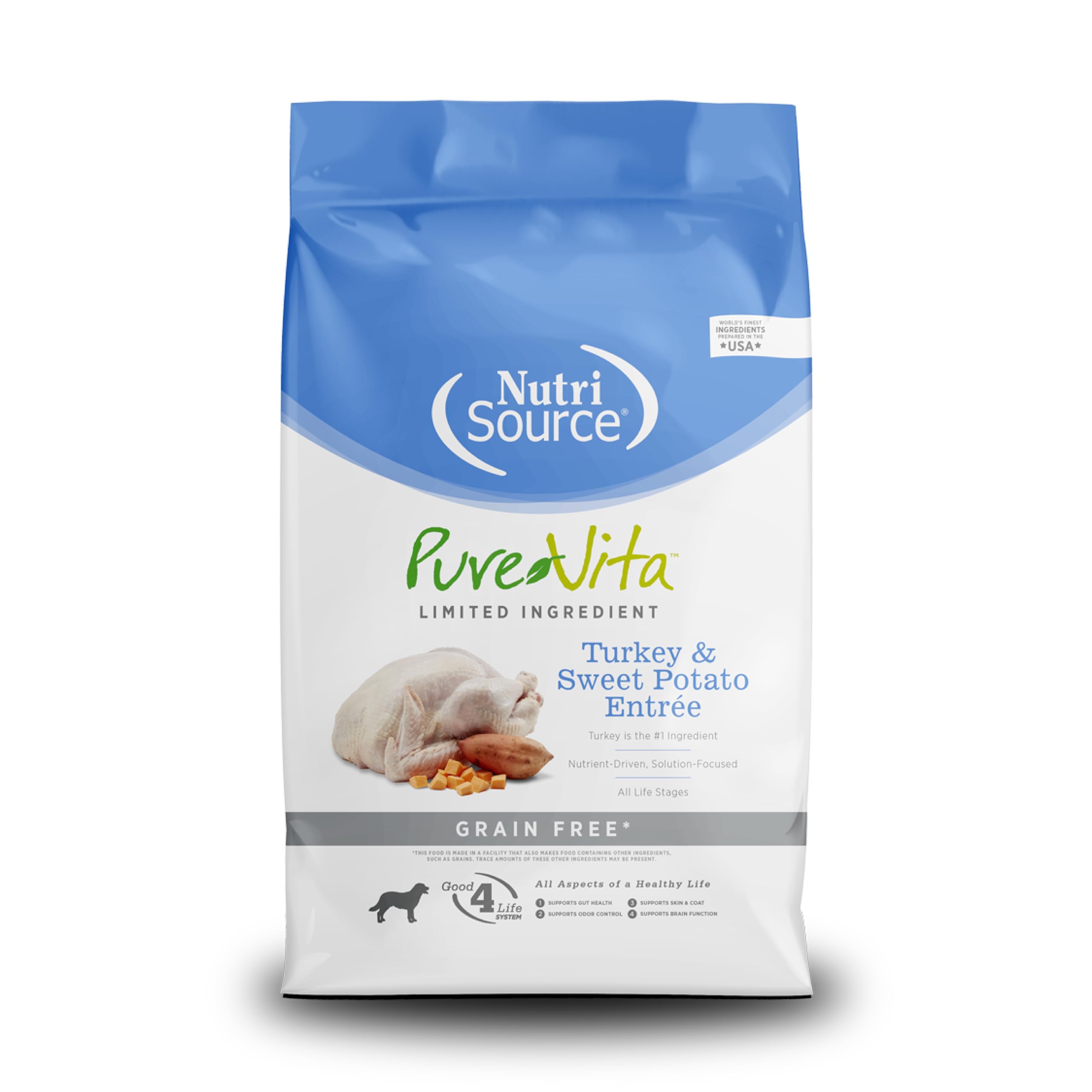 NutriSource Pure Vita turkey and sweet potato bag front for all life stages.