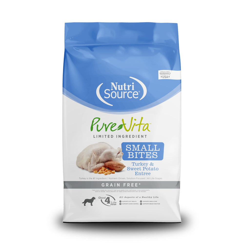 NutriSource Pure Vita turkey and sweet potato bag with grain-free formula for all life stages.