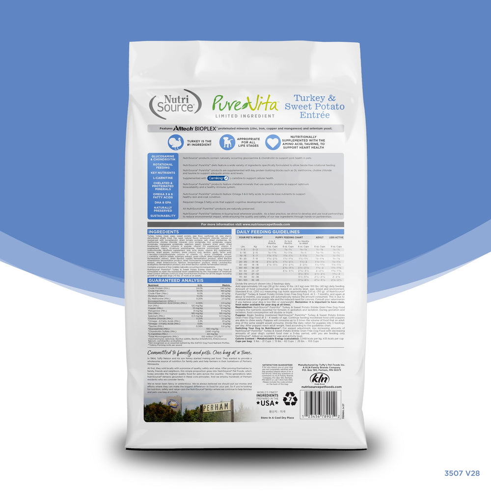 NutriSource Pure Vita kibble close-up shows grain-free texture and bite size.