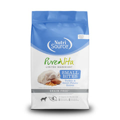 NutriSource PureVita turkey and sweet potato small bites bag showing grain-free formula for sensitive digestion