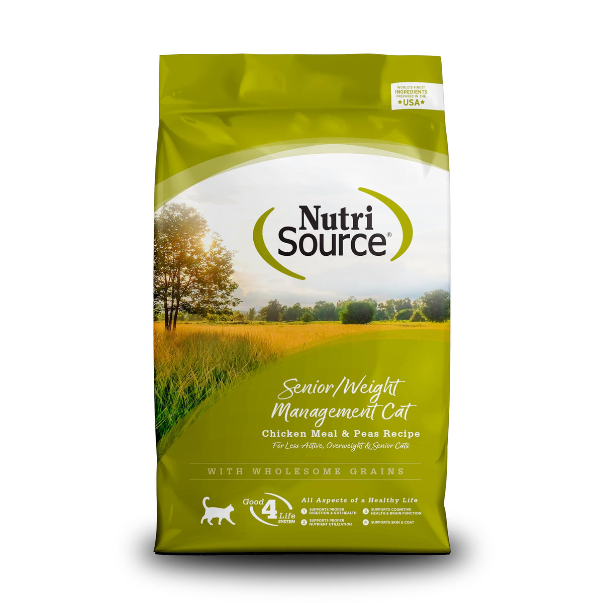 NutriSource Senior Weight Management cat food 12lb bag for adult maintenance