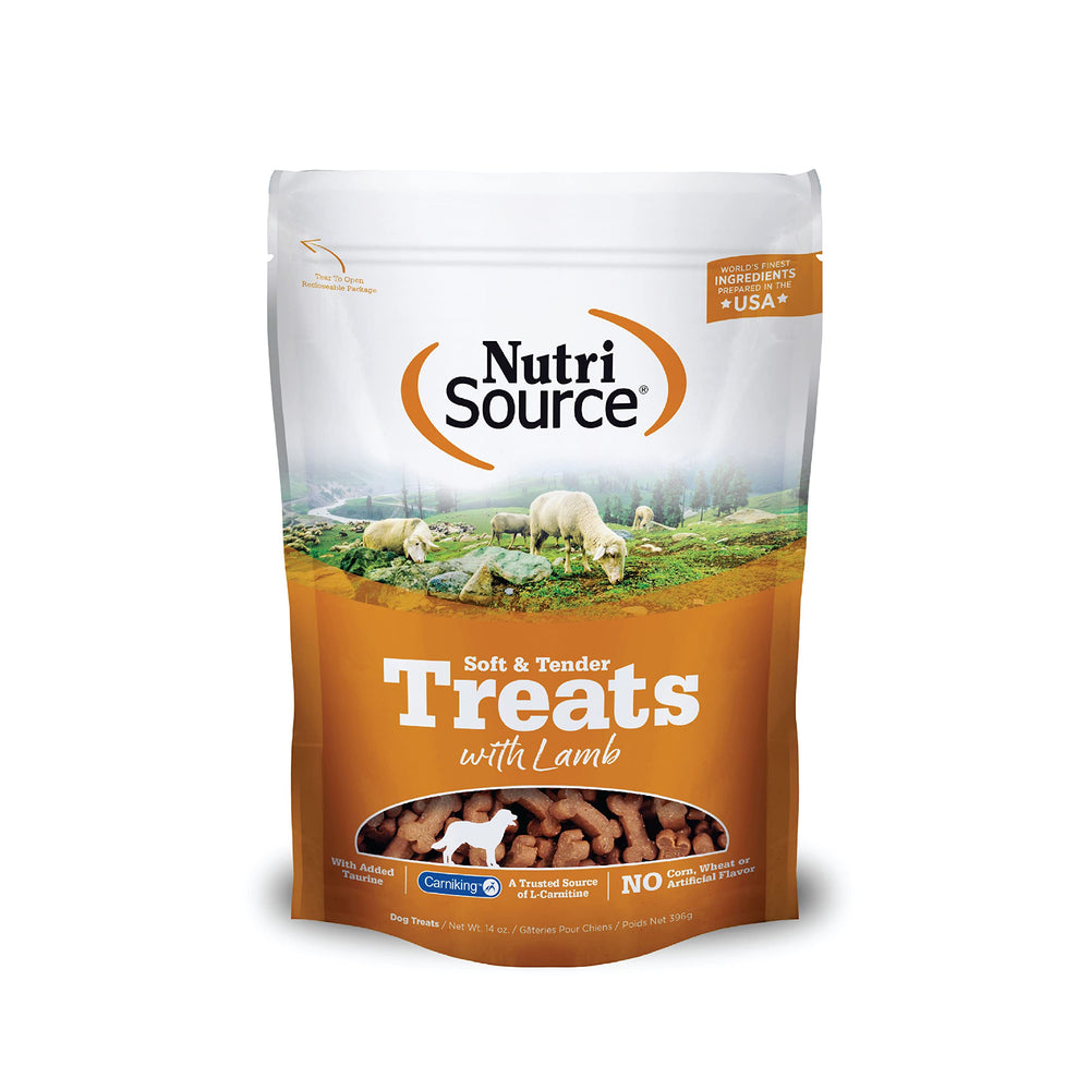 NutriSource soft-tender lamb treats bag front, ideal as a daily reward for dogs.