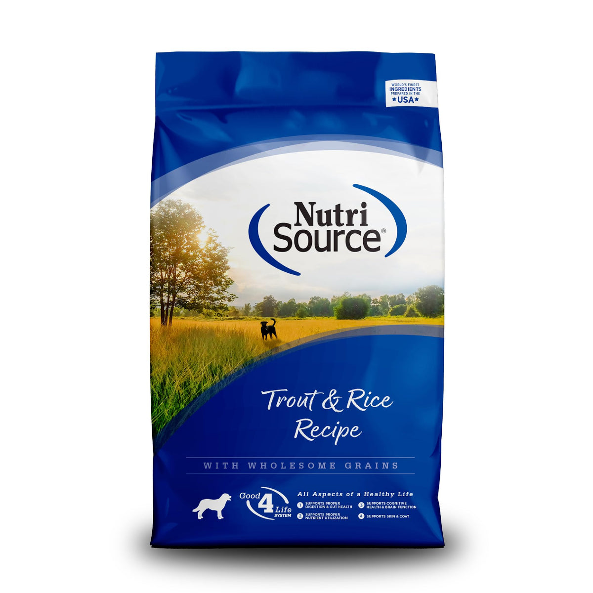 NutriSource Trout and Rice dry dog food bag showing balanced daily nutrition for dogs