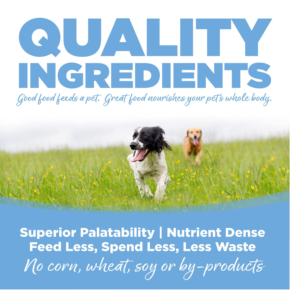 NutriSource Trout and Rice kibble close-up emphasizing grain-inclusive formula and omega support