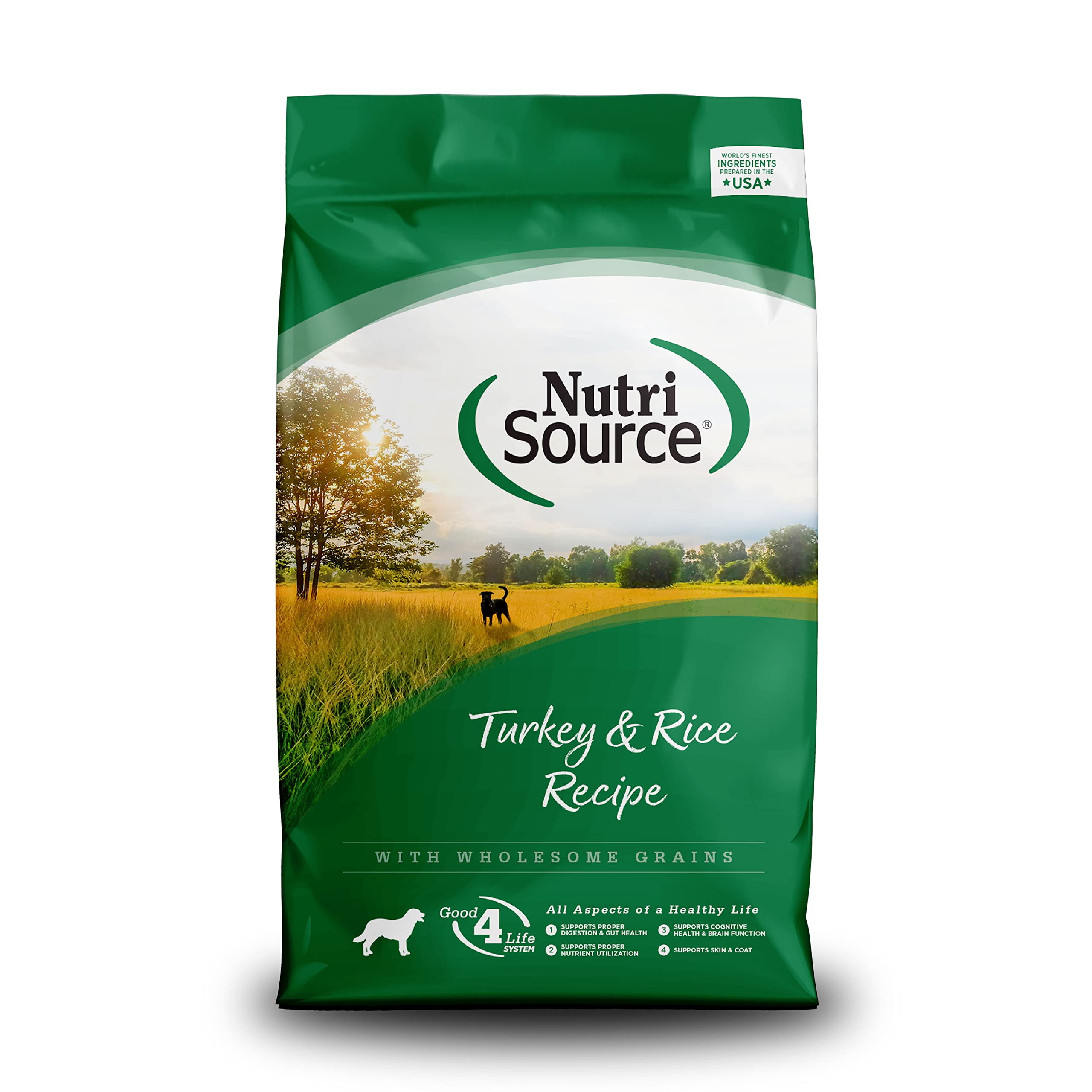 NutriSource turkey and rice dry dog food bag for all life stages