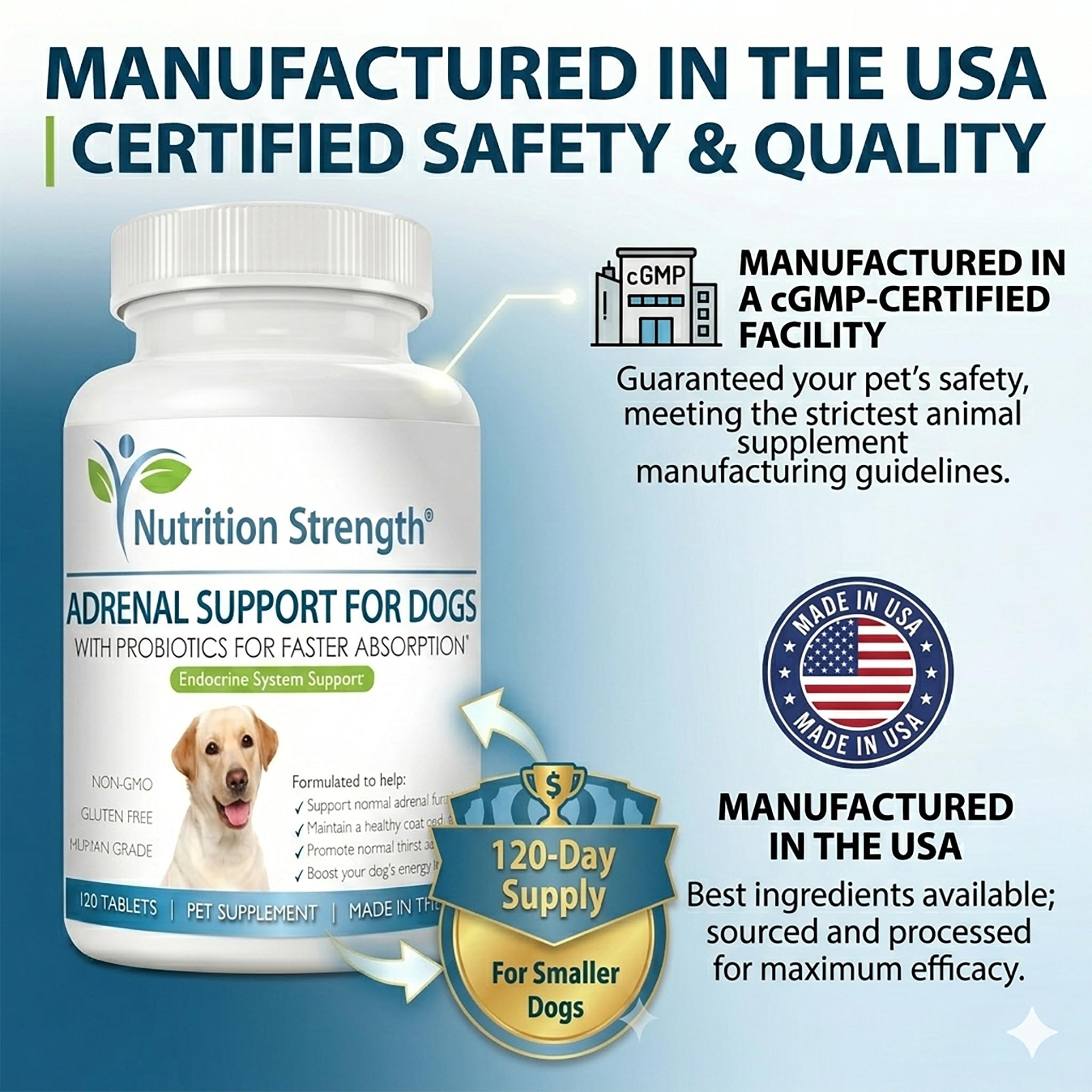 Nutrition Strength Adrenal Support for Dogs USA-packaging emphasizes quality and safety.