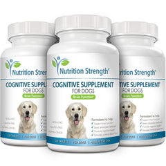 Nutrition Strength bottle label closeup highlights essential vitamins for canine cognitive care