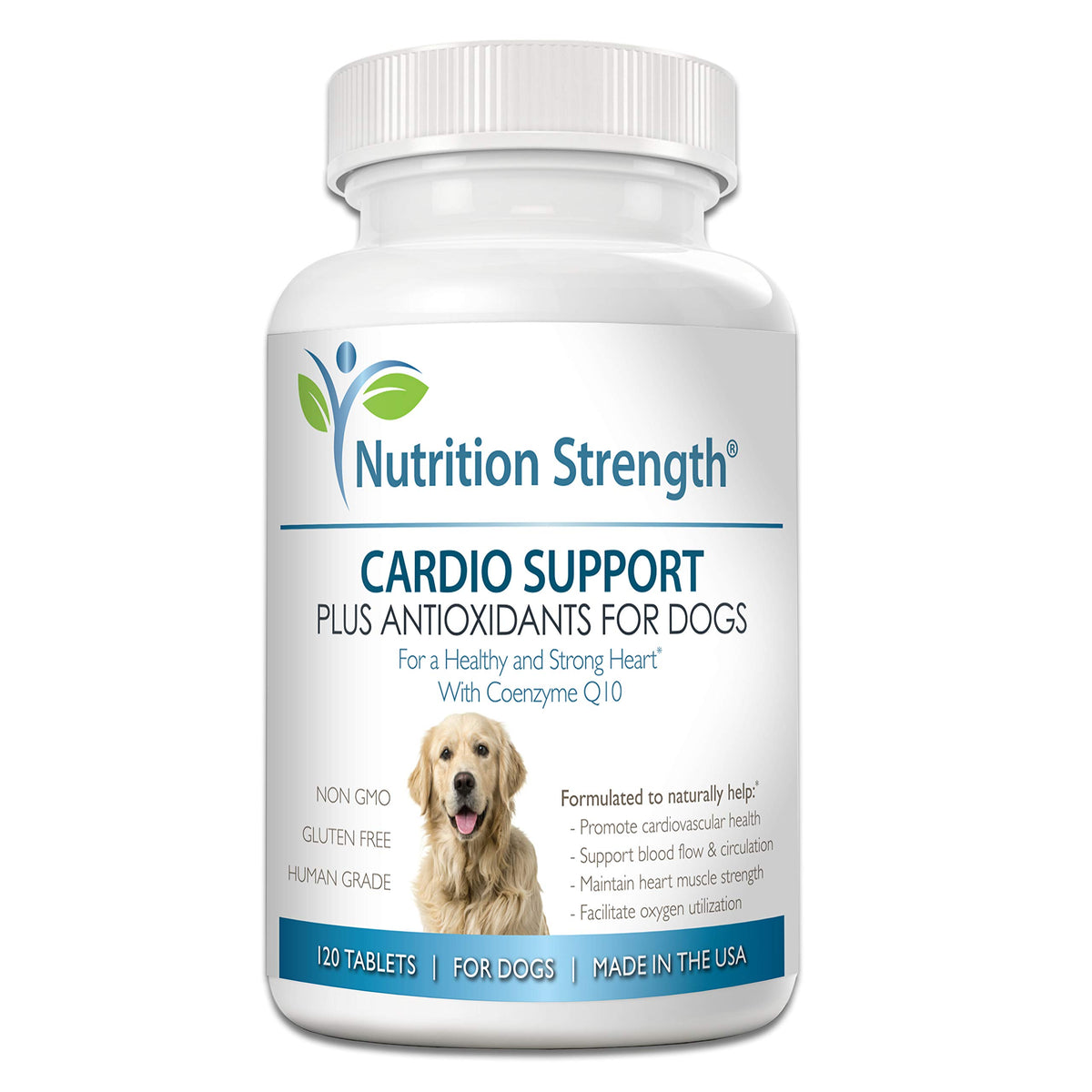 Nutrition Strength Cardio Support bottle shows packaging for trusted dog heart health.