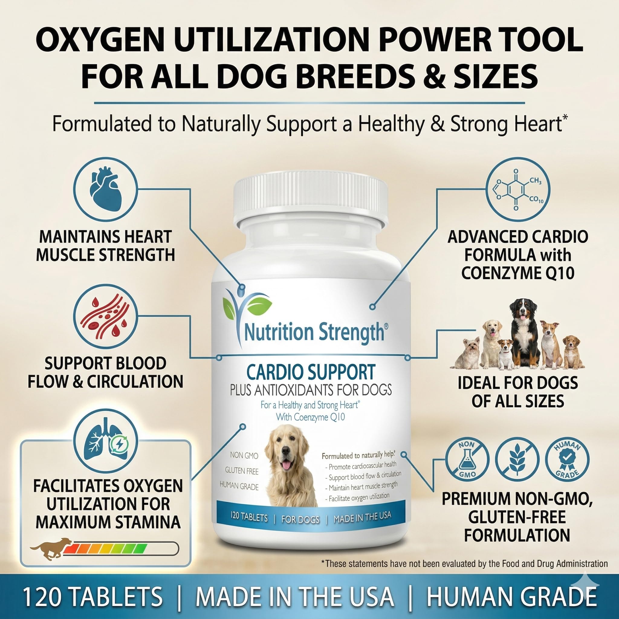Nutrition Strength Cardio Support heart health overview for dogs in a product shot.
