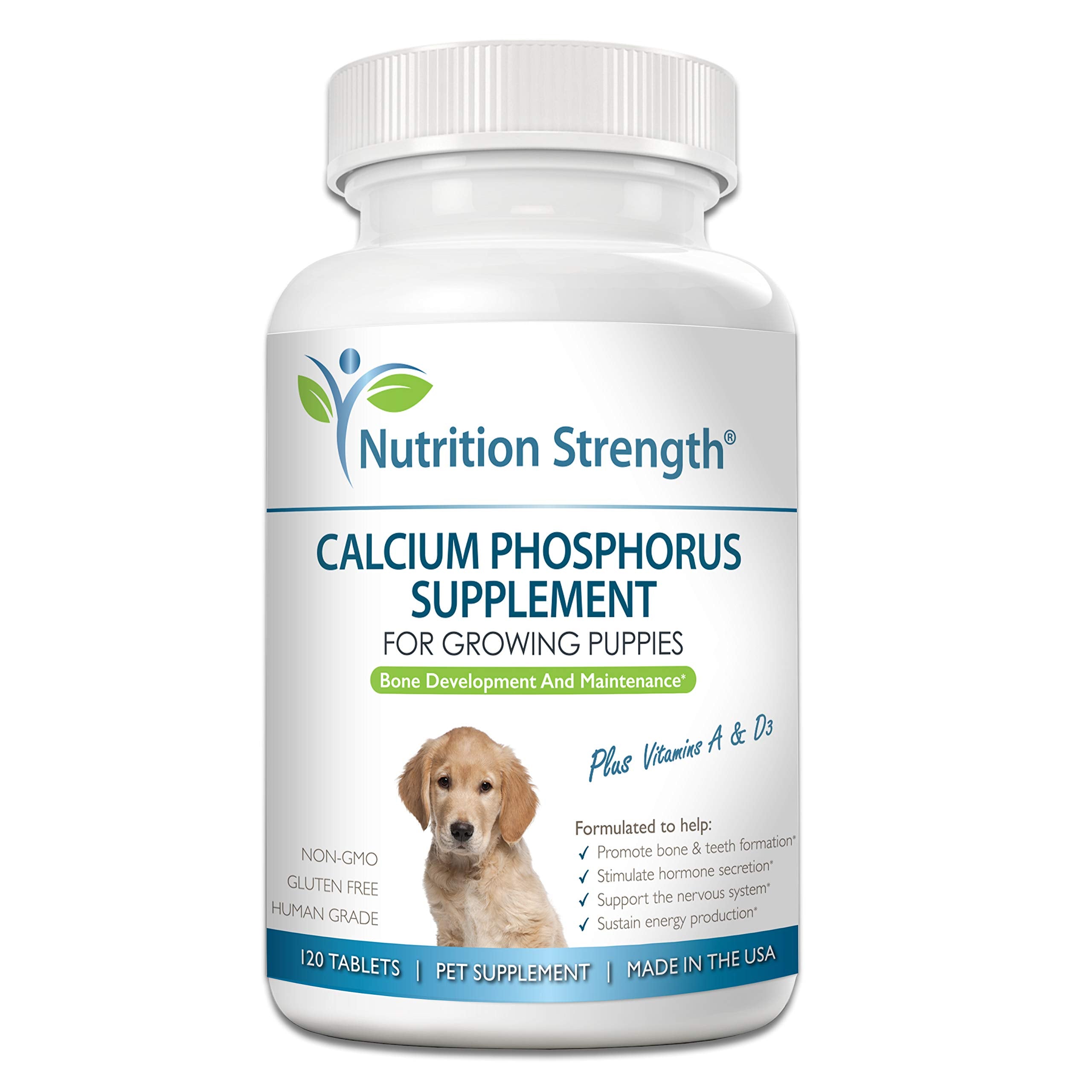 Nutrition Strength calcium phosphorus tablets for dogs support growing puppies' bone health.