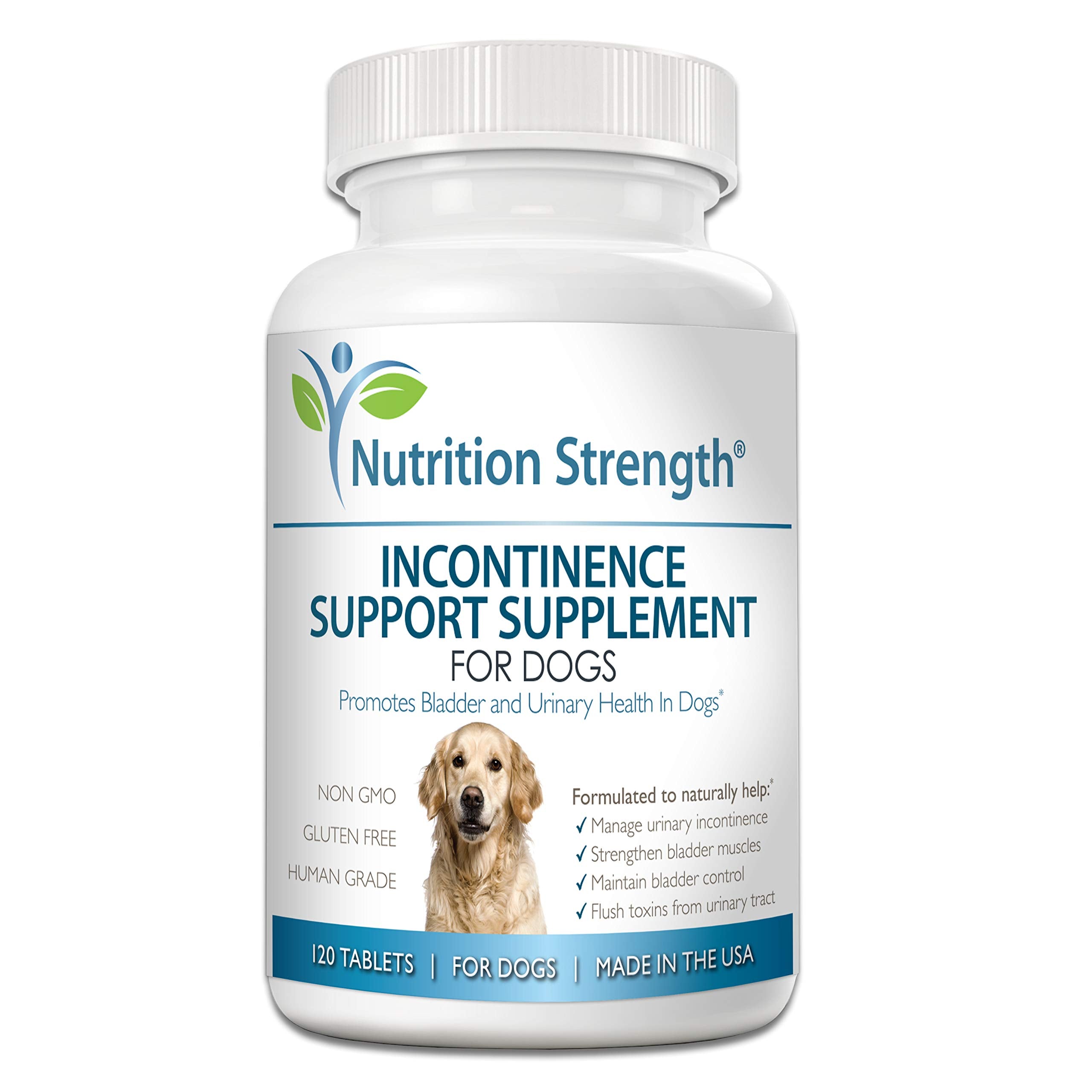 Nutrition Strength dog incontinence bottle on table for easy daily dosing.