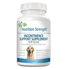Nutrition Strength dog incontinence bottle on table for easy daily dosing.