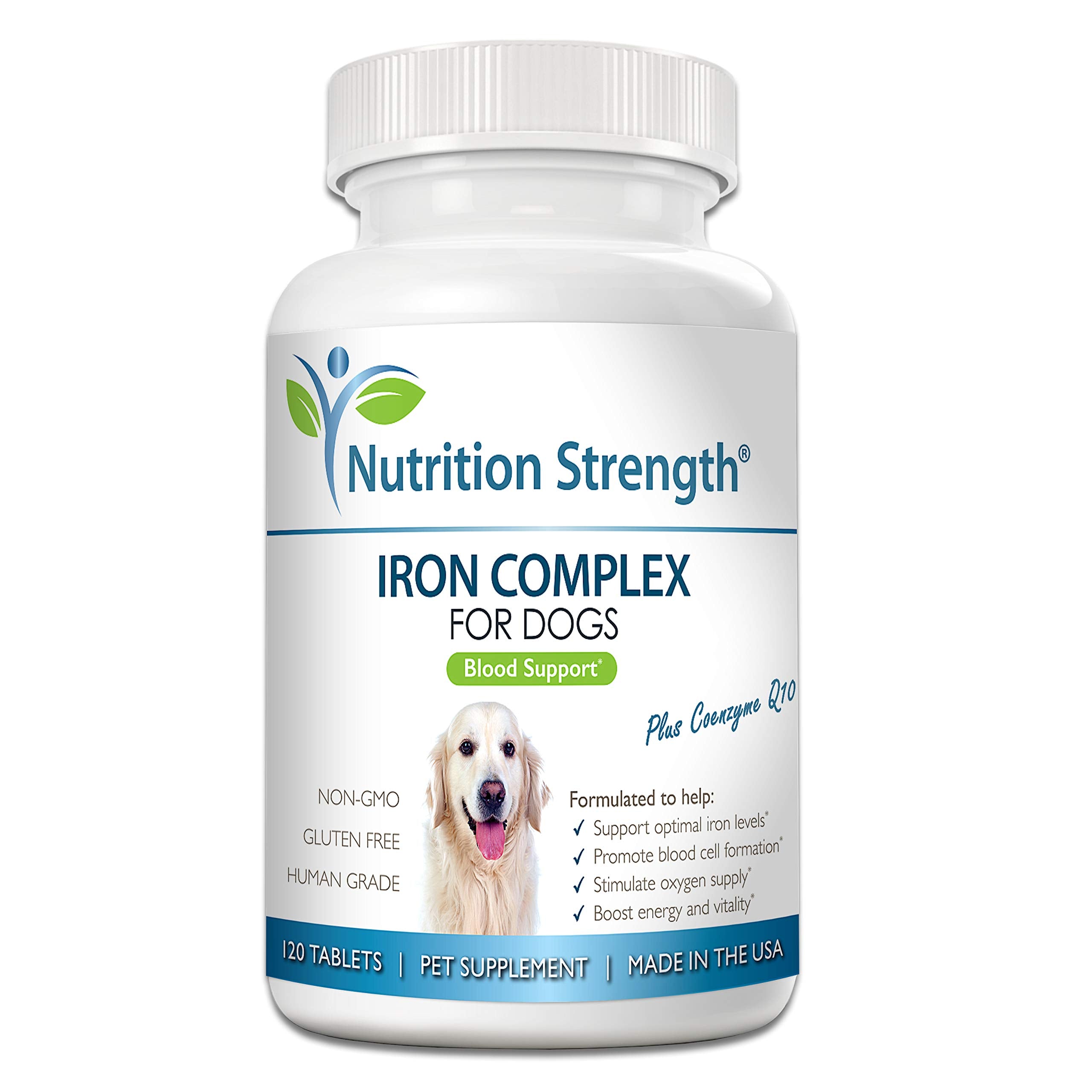 Nutrition Strength dog iron tablets bottle showing an easy-to-administer supplement for daily blood health.