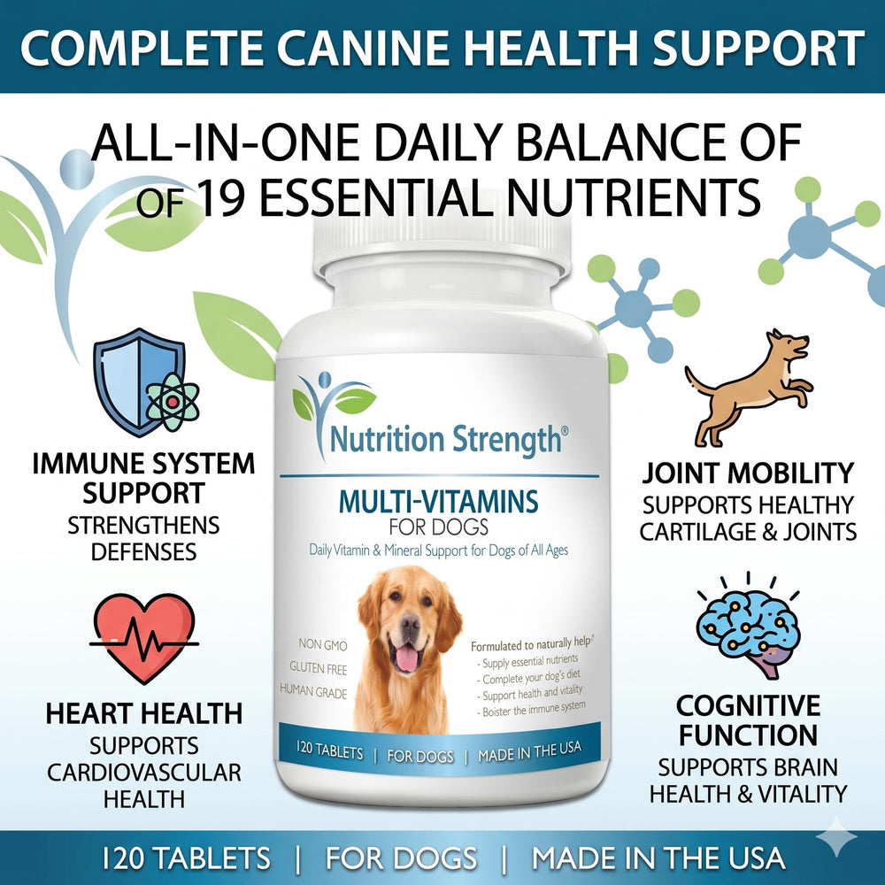 Nutrition Strength dog multivitamins bottle back showing ingredients.