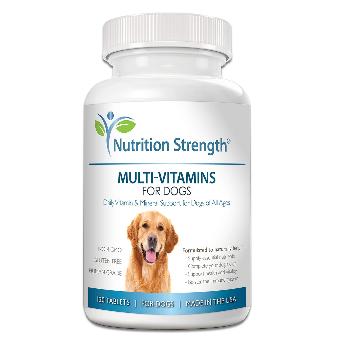 Nutrition Strength dog multivitamins bottle front for daily vitality support.