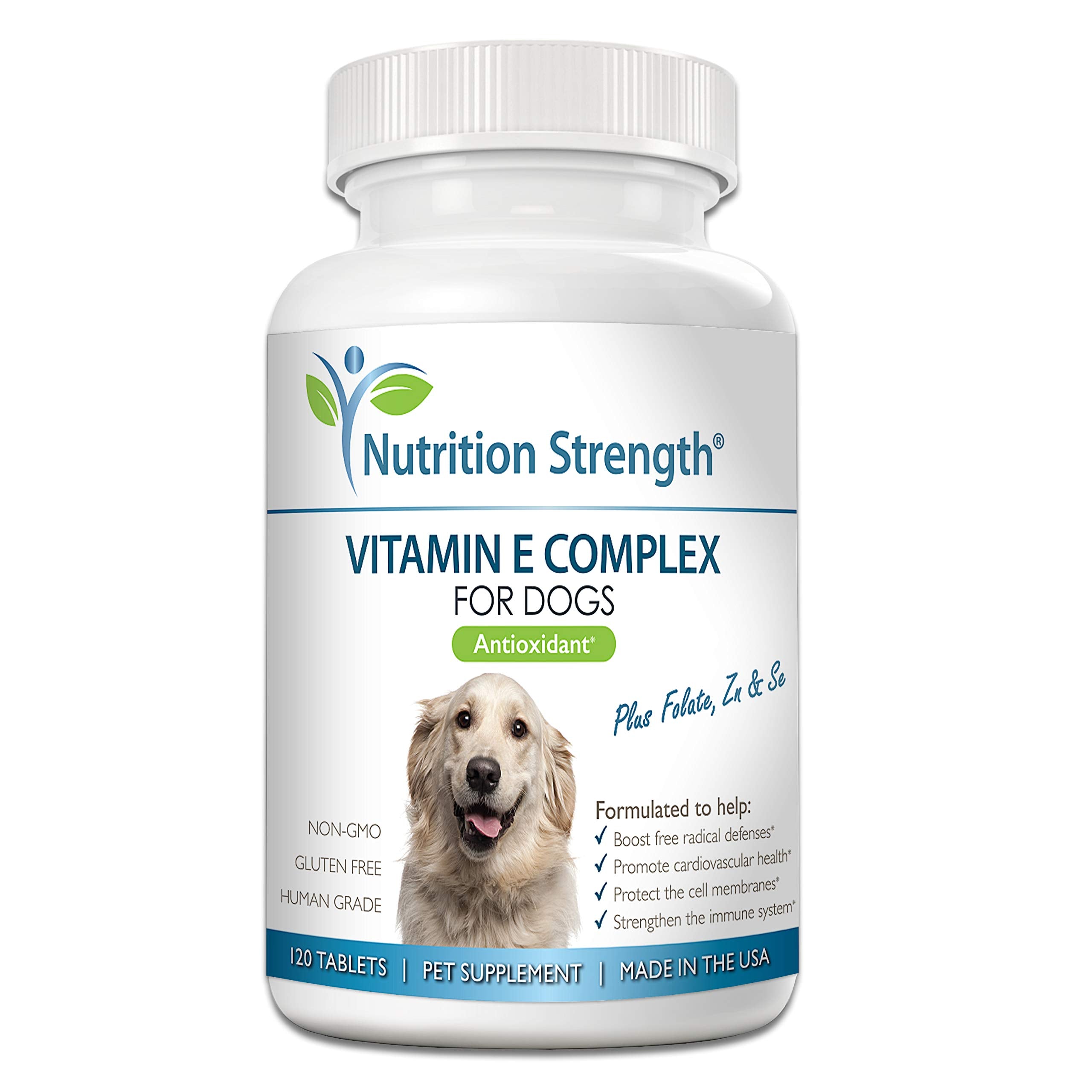 Nutrition Strength dog vitamin E tablets in a bottle support overall wellness