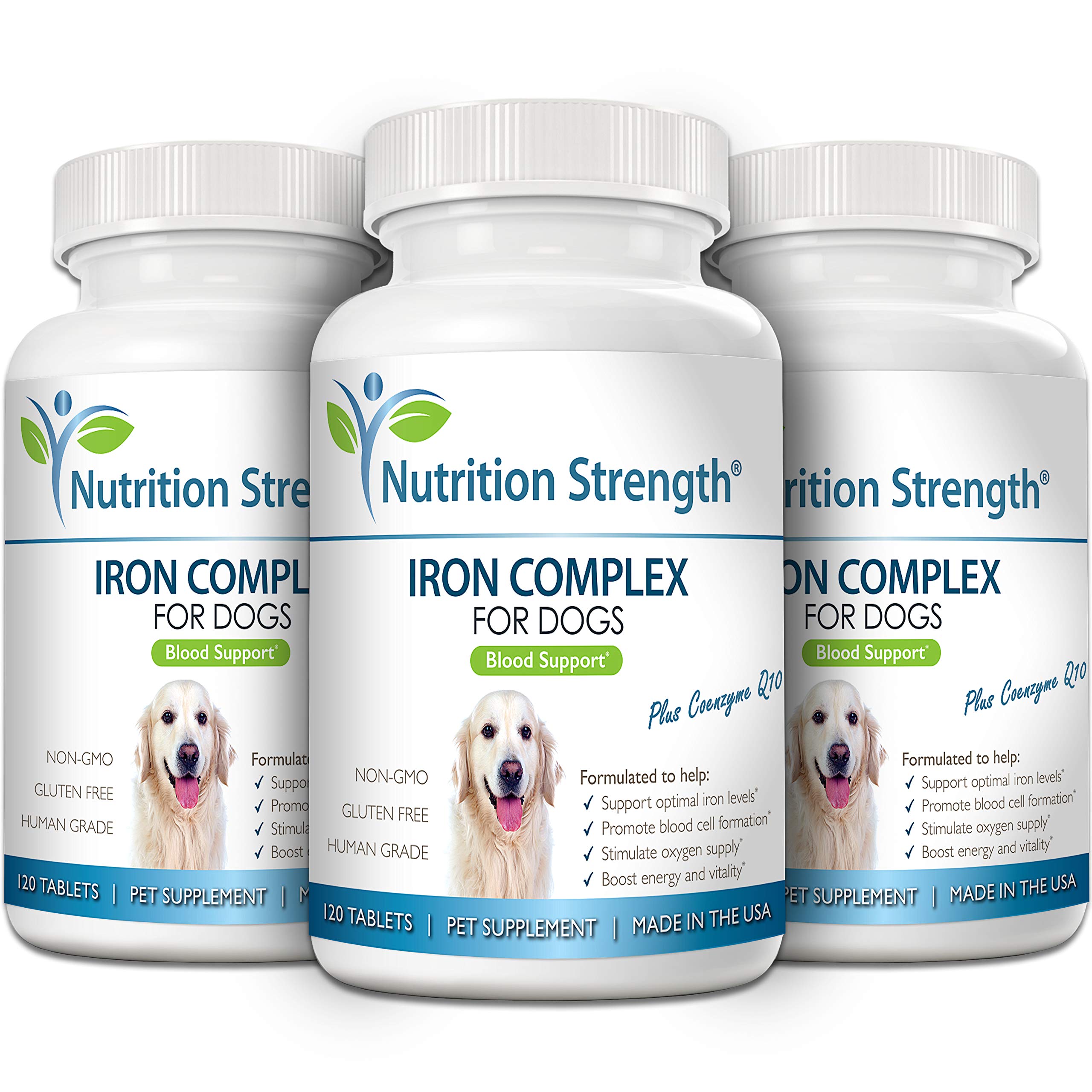 Nutrition Strength dogs vitamin C folate bottle shows added nutrients to help iron absorption.