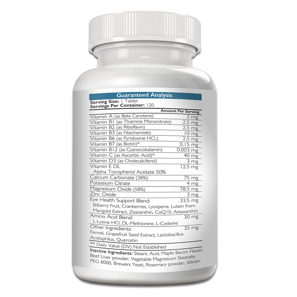 Nutrition Strength Eye Care for Dogs ingredients label highlighting lutein and antioxidants