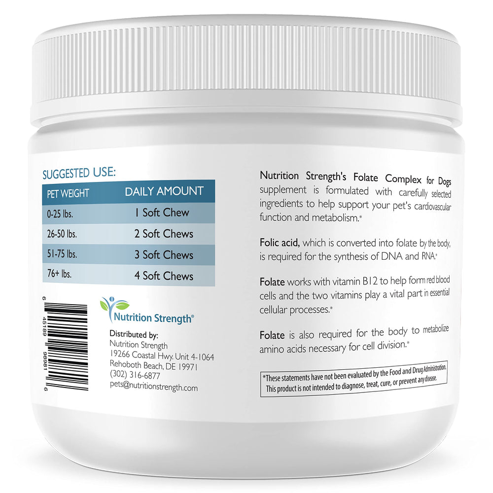 Bottle of Nutrition Strength Folate for dogs being poured, convenient daily supplementation.
