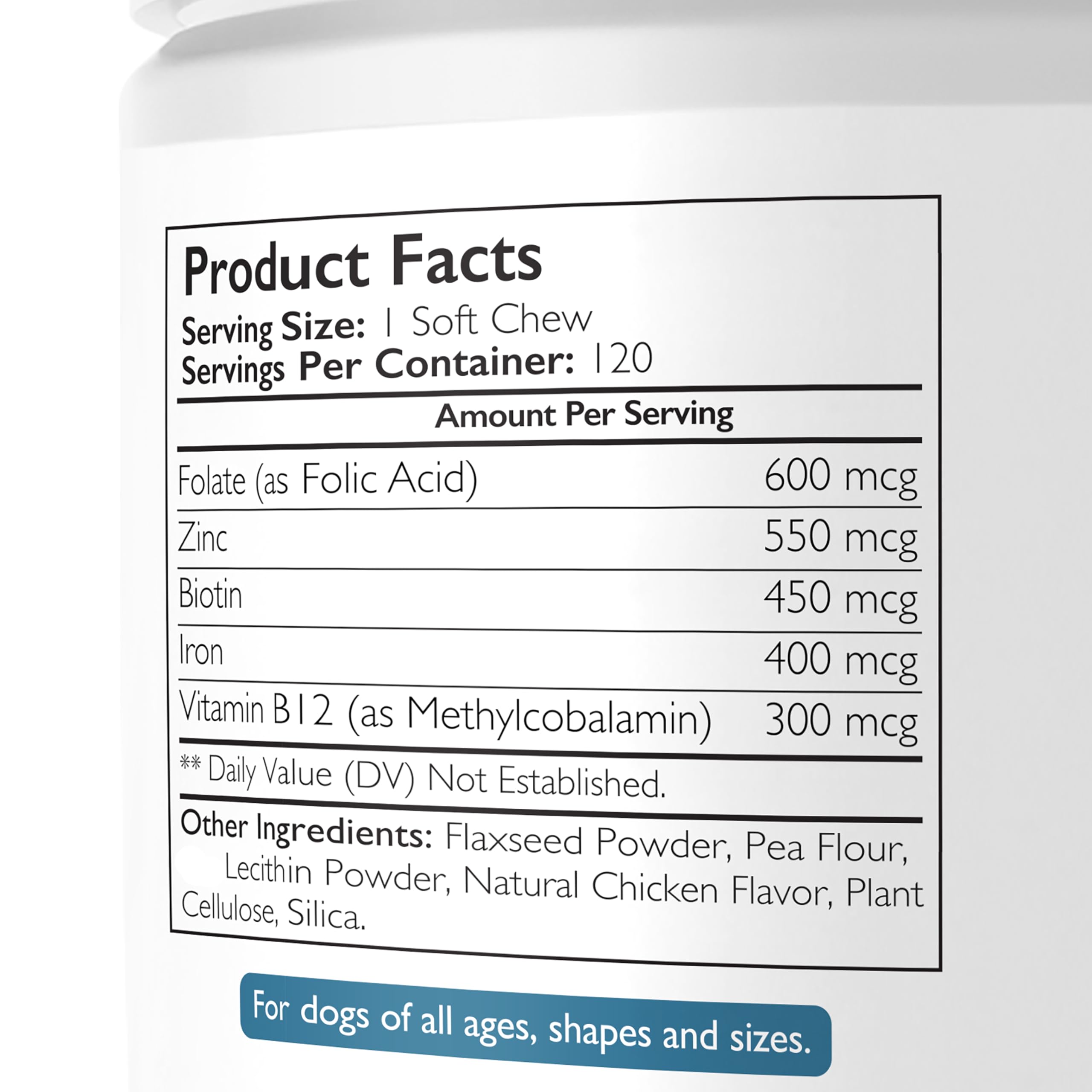 Close-up of the label showing folic acid and B12 for DNA synthesis support.