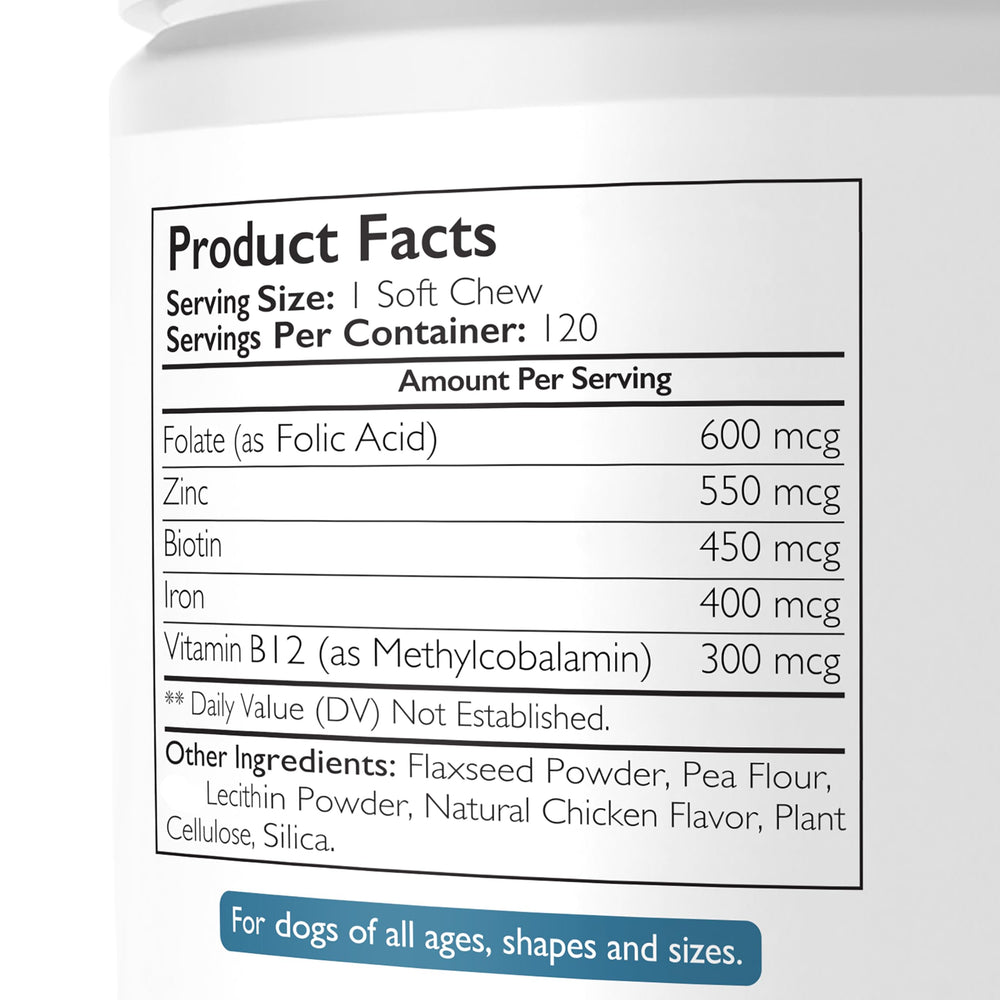 Close-up of the label showing folic acid and B12 for DNA synthesis support.