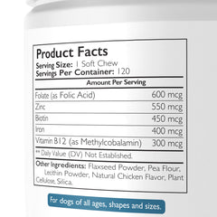 Close-up of the label showing folic acid and B12 for DNA synthesis support.