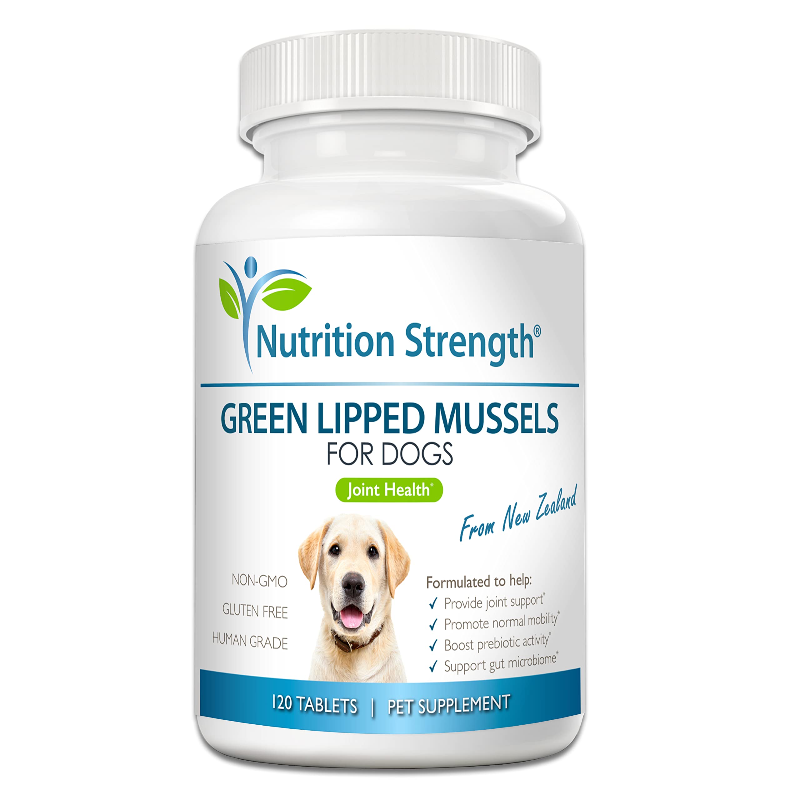 Nutrition Strength GLM dog bottle with chewable tablets for joint support.