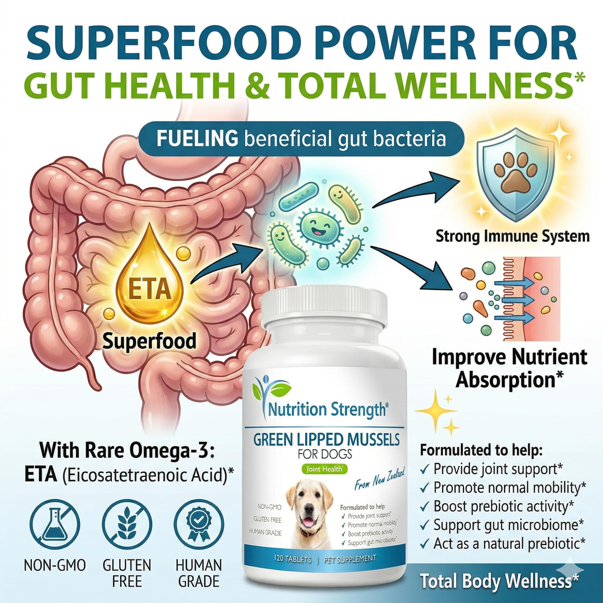 Dog enjoying Nutrition Strength GLM for potential joint comfort.