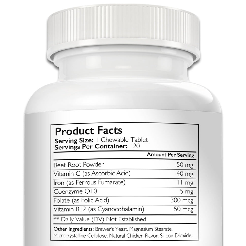 Nutrition Strength USA-made label emphasizes premium ingredients for canine iron support.