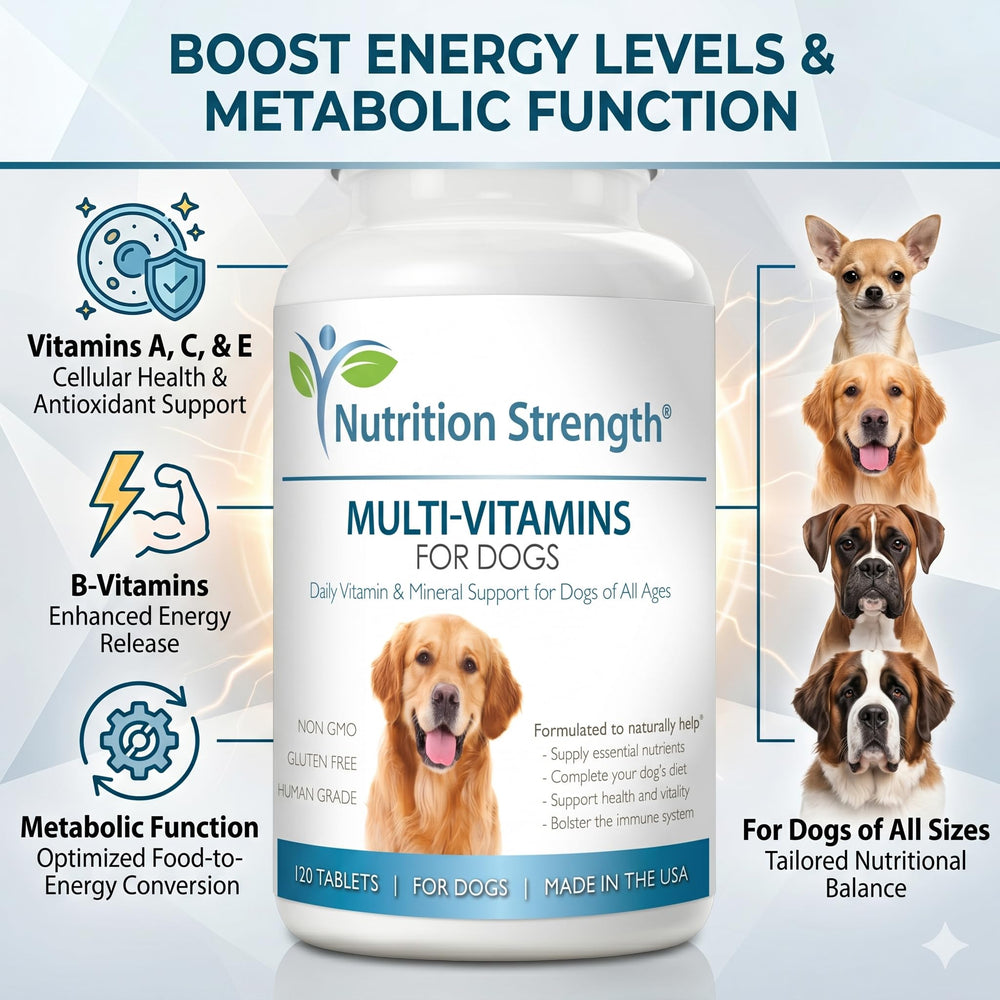 Nutrition Strength made-in-the-usa seal on dog vitamins packaging.