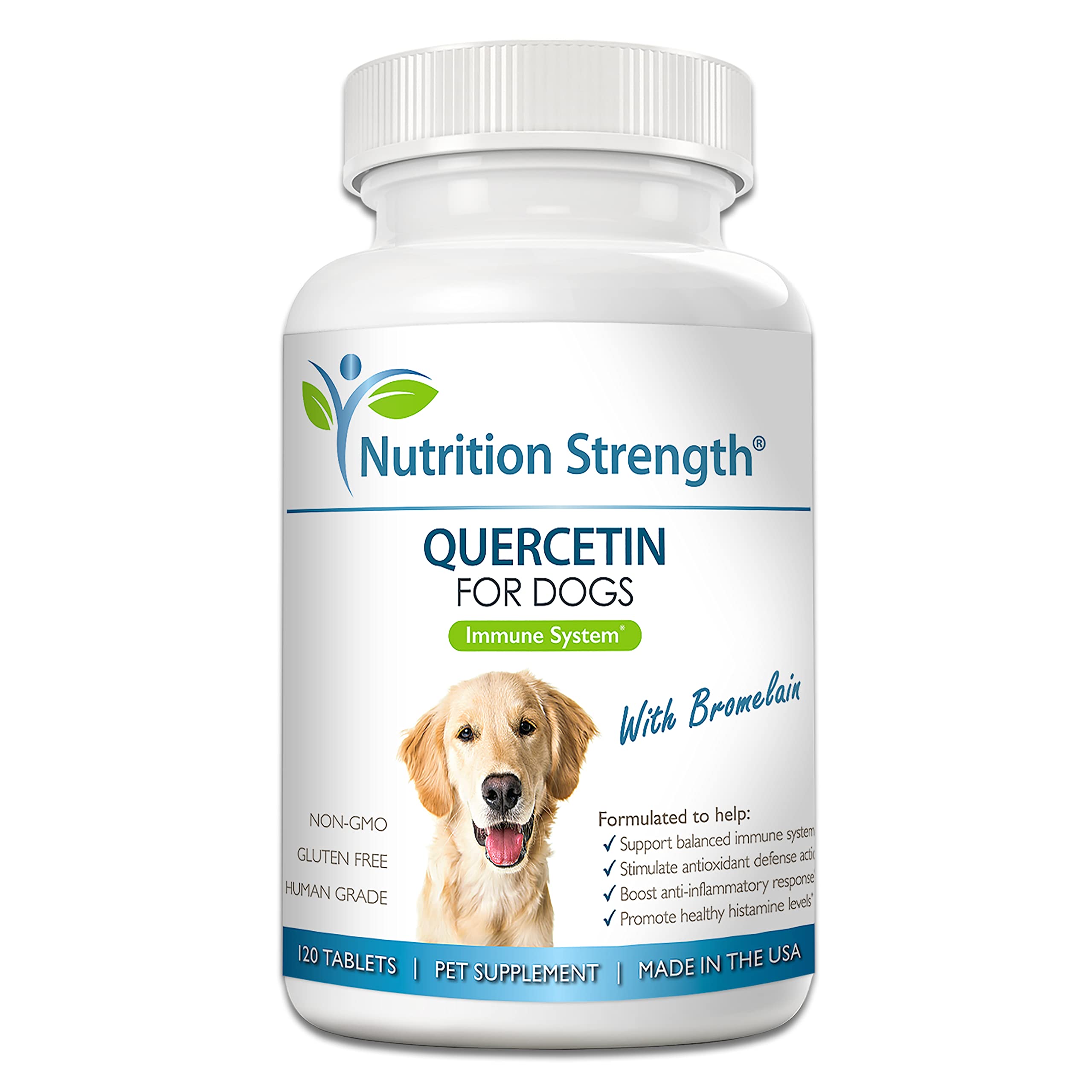 Nutrition Strength Quercetin for Dogs bottle pour promotes easy daily immune support.