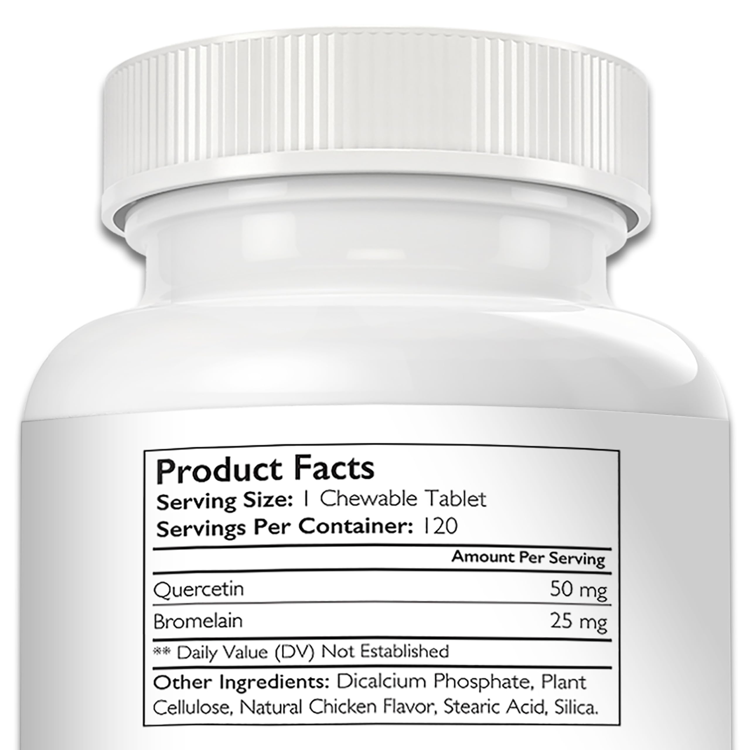Nutrition Strength Quercetin for Dogs label closeup highlights bromelain and ingredients.