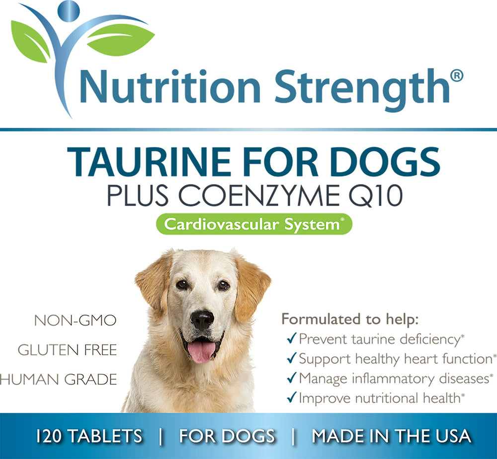 Nutrition Strength Taurine for Dogs tablet pictured with meals for convenient use.