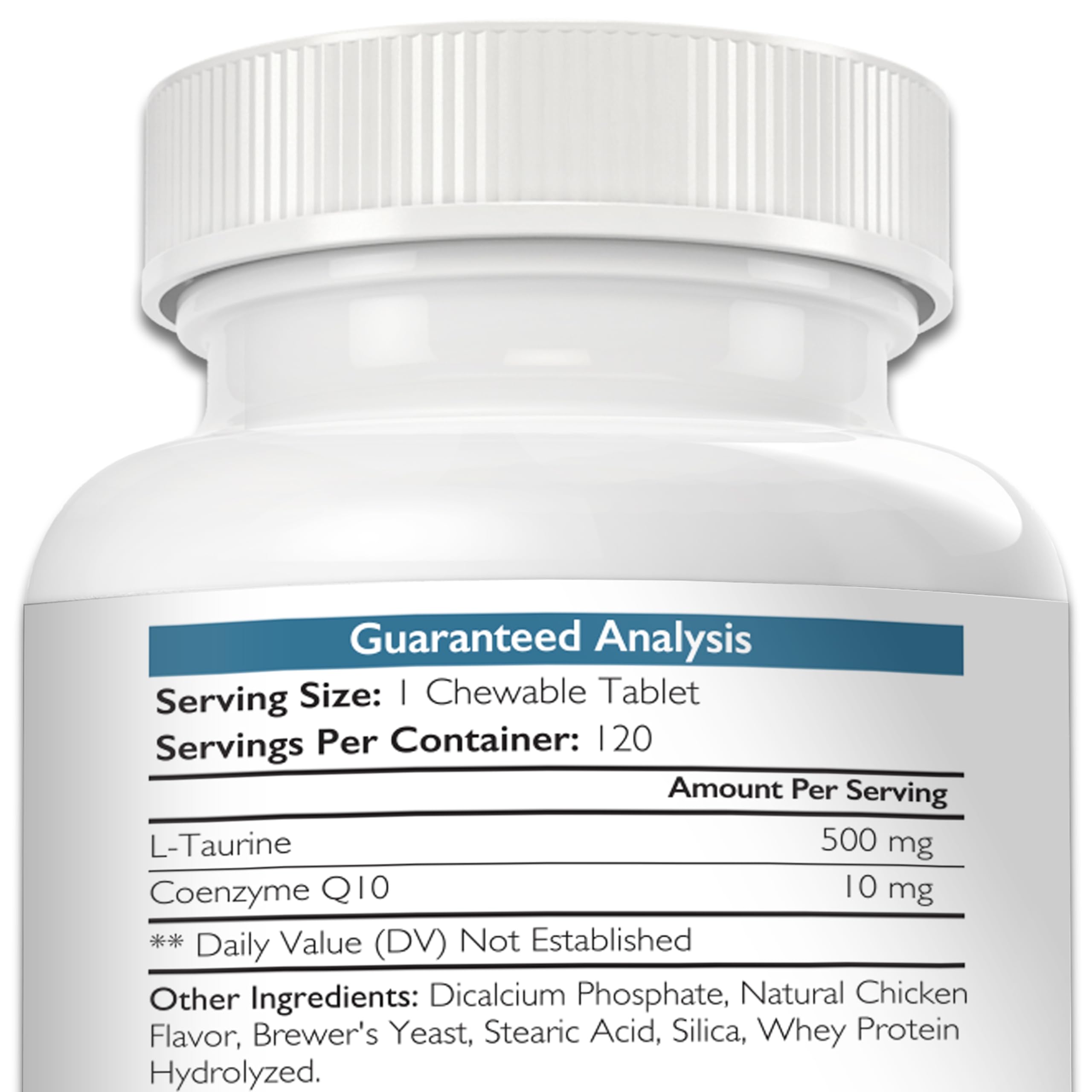 Nutrition Strength Taurine for Dogs tablets close-up, chewable heart support.