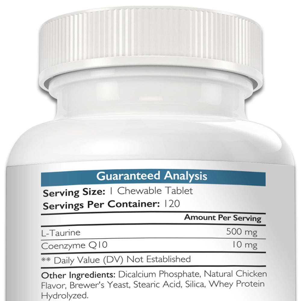 Nutrition Strength Taurine for Dogs tablets close-up, chewable heart support.