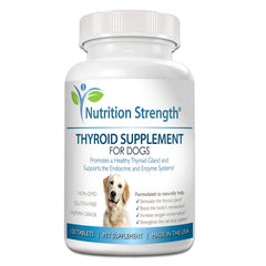 Nutrition Strength thyroid dog bottle pour shows easy-to-dispense chewables for pets.