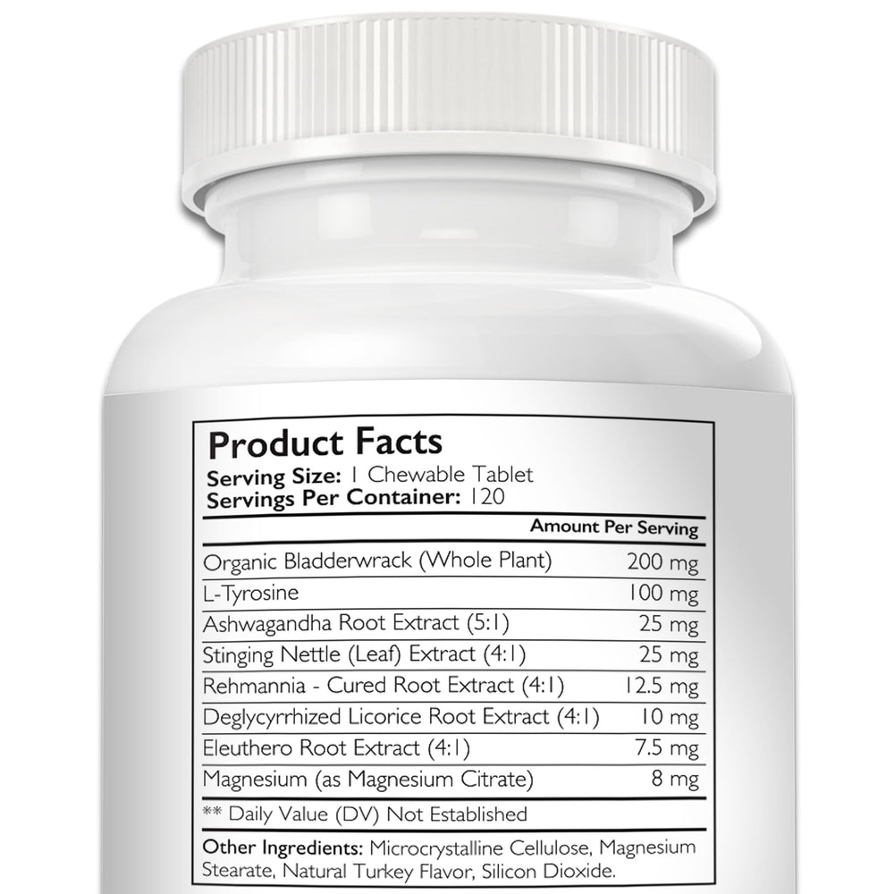 Nutrition Strength thyroid dog ingredients bladderwrack label highlights natural seaweed source.