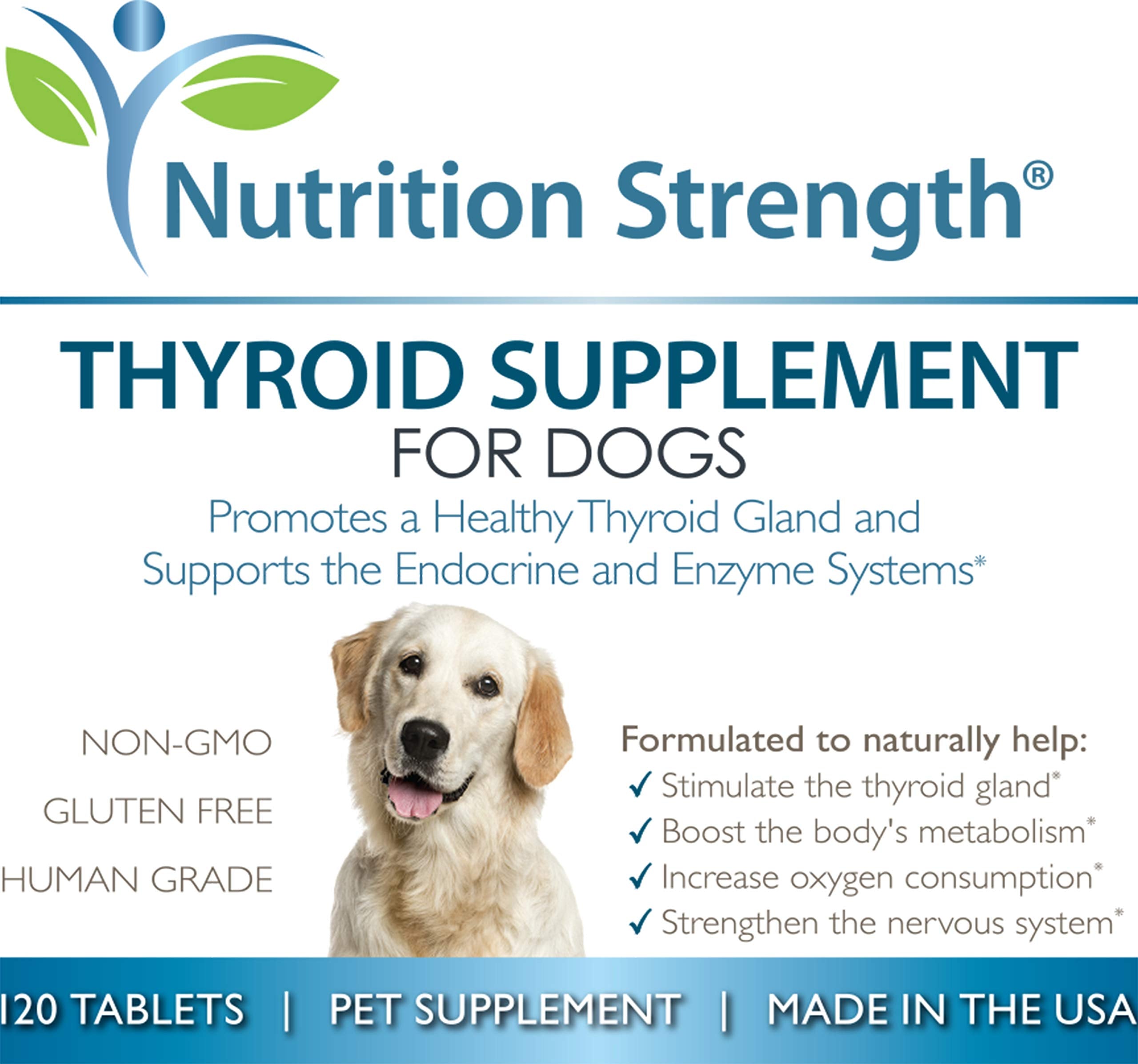Nutrition Strength thyroid dog made-in-usa badge signals quality and safety.
