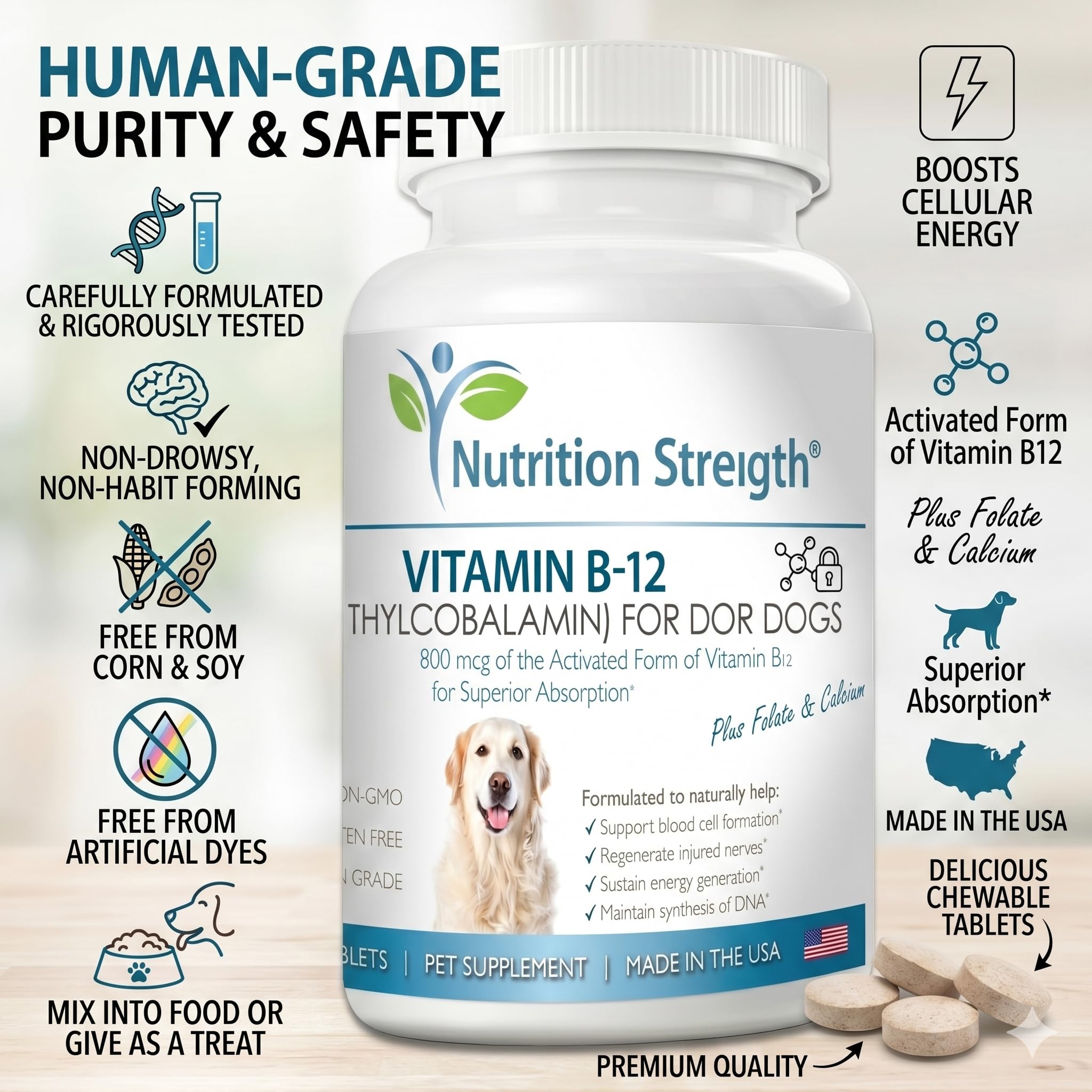 Nutrition Strength Vitamin B12 for Dogs packaging closeup showing USA-made quality.