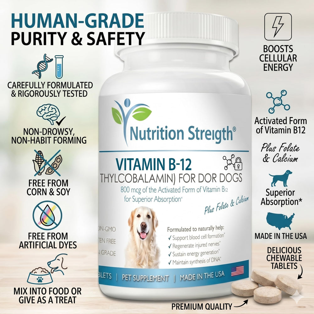Nutrition Strength Vitamin B12 for Dogs packaging closeup showing USA-made quality.
