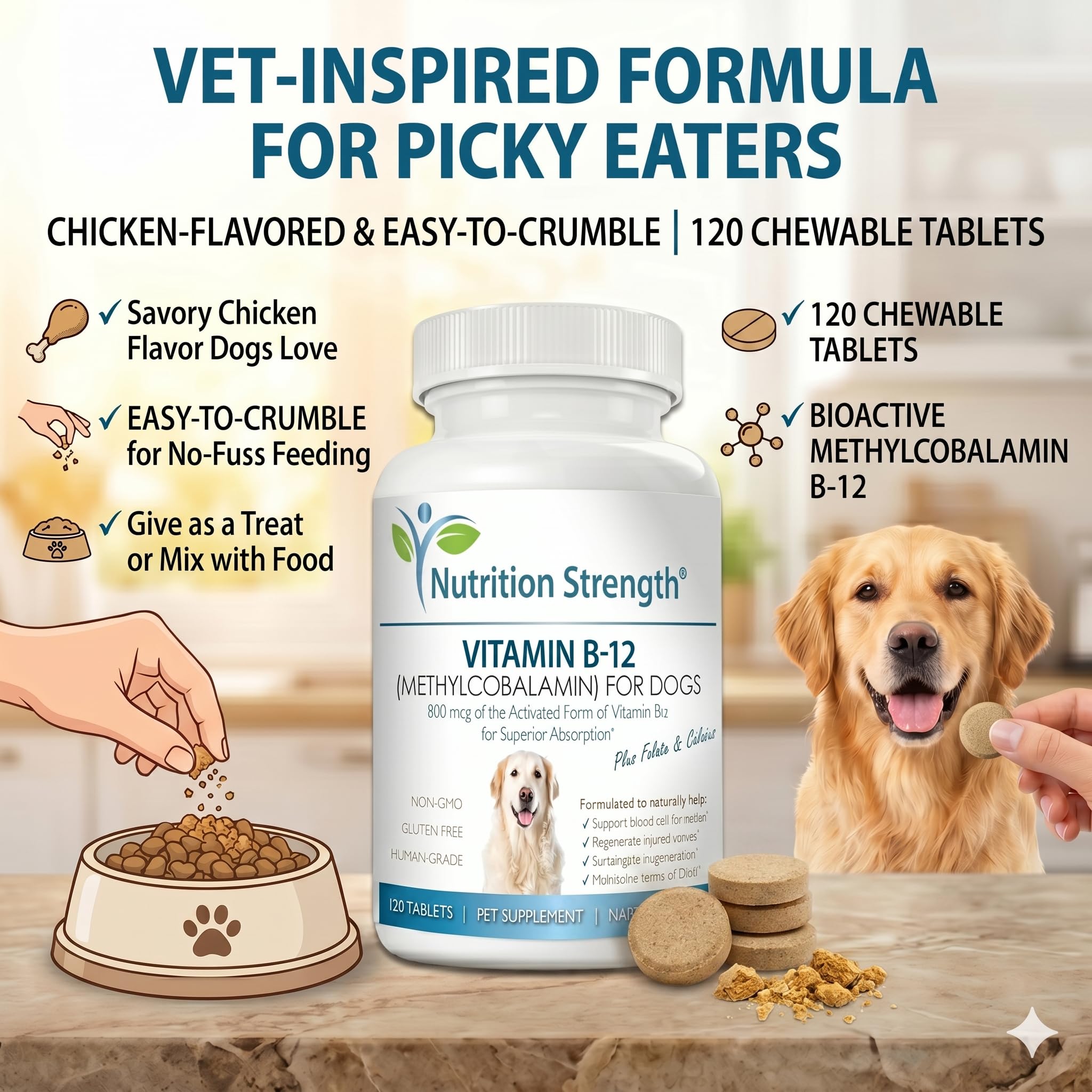 Nutrition Strength Vitamin B12 for Dogs energy support visuals indicating daily vitality.